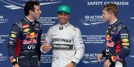 Daniel Ricciardo, Lewis Hamilton and Sebastian Vettel share a joke after qualifying last Saturday. Picture/AP
