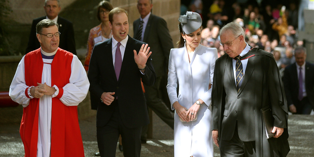 Britain's Prince William, and his wife, Kate, the Duchess of Cambridge, arrive at St. Andrew's Cathedral for Easter Sunday church services in Sydney. Photo / AP