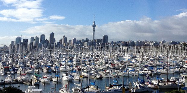 A view from the Auckland Harbour Bridge across Westhaven marina to Auckland City. Photo / Chris Gorman.