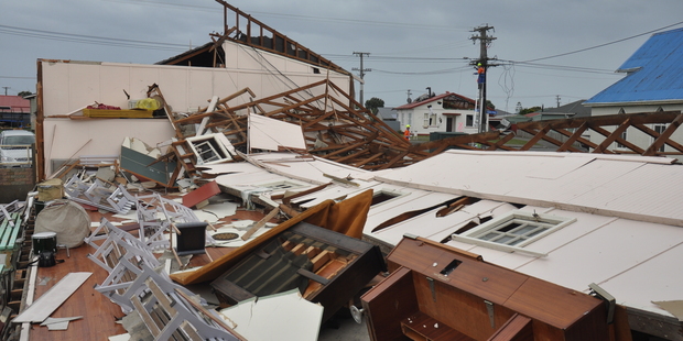 The West Coast bore the brunt of the Easter storm. Here the Band Hall at Blaketown was destroyed. Photo / supplied