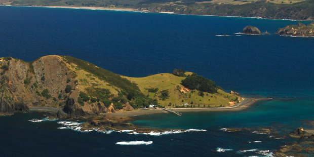 Aerial photo of Motukawaiti Island showing the jetty and floating pontoon before it was swept away by Cyclone Lusi. PHOTO / Stephen Western