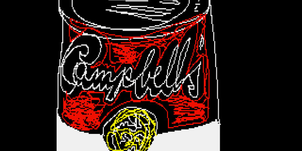 "Campbell's," a piece that is thought to be made by the late pop artist, Andy Warhol, on a computer in 1985. Photo / AP