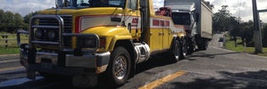 The truck involved in a fatal crash on the Coatesville Riverhead Highway about to get towed away. Photo / Bradley Ambrose