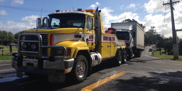 The truck involved in a fatal crash on the Coatesville Riverhead Highway about to get towed away. Photo / Bradley Ambrose