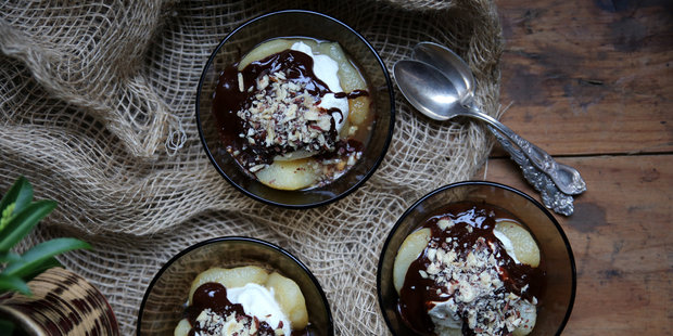 Ginger pears with dark chocolate sauce and vanilla bean cream. Picture / Eleanor Ozich.