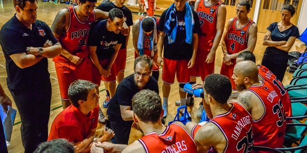 Coach Dave Harrison (glasses) lays it out to his homegrown Canterbury Rams who play the Hawks tonight in Napier. PHOTO/GAMEFACENZ