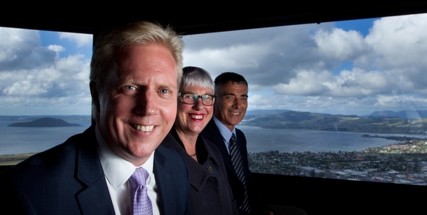 Rotorua MP Todd McClay, Rotorua mayor Steve Chadwick and Bay of Plenty Regional Council chairman Doug Leeder welcome the decision to reallocate $24 million to help clean up Lake Rotorua. Photo/Stephen Parker