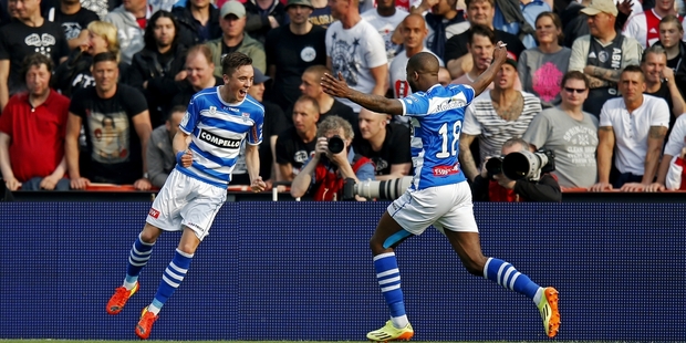 Ryan Thomas celebrates his second Dutch Cup final goal with Guyon Fernandez.