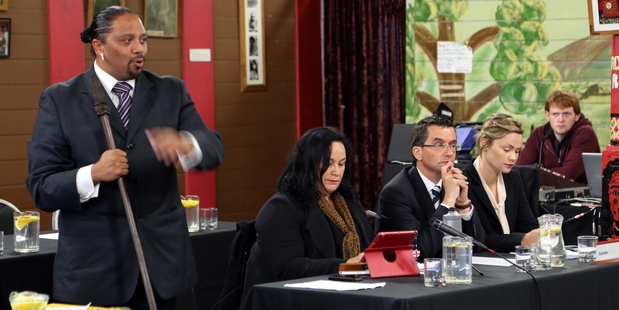 Te Runanga o Ngati Ruanui Trust chairman Haimona Maruera jnr spells out the iwi's opposition. To his left are its other speakers, Debbie Ngarewa-Packer, Graham Young and Shi-han Ngarewa. Photo/Stuart Munro