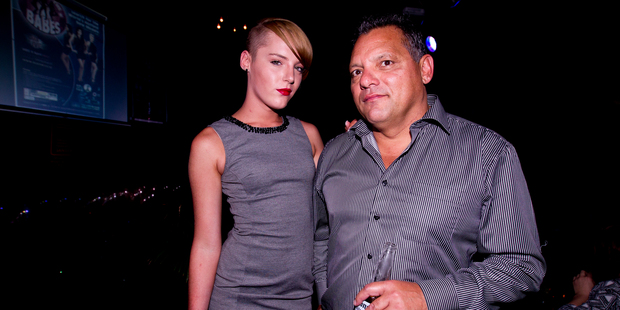 Transgender model Amy Brosnahan with her dad Kim Dwyer during the Battle of the Babes held at the Juice Bar in Parnell. Photo / New Zealand Herald Photograph / Dean Purcell