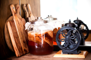 Detail from Eleanor Ozich's kitchen where she is fermenting kombucha. Photo / Babiche Martens.