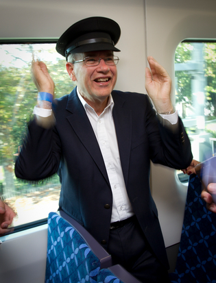 Mayor Len Brown on the train this morning.  Auckland's new electric trains were launched this morning at Britomart.  Short trips are running between Britomart and Newmarket for balloted members of the
