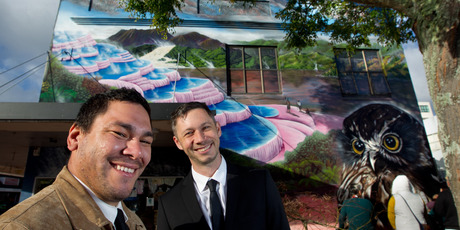 Artists Jacob Chrisohoou (left) and Jonny4higher have finished their mural in Rotorua's city centre. Photo/Stephen Parker.