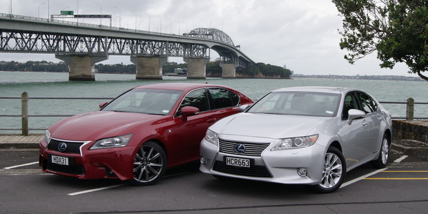 The lighter Lexus ES300h (silver) and sporty GS300h (red) share the same basic powertrain. Photos / David Linklater