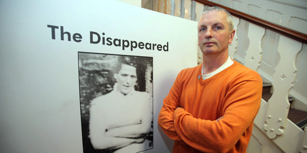 Michael McConville, the son of Jean McConville who was murdered by the IRA, speaks to the media at the Wave Trauma centre in Belfast. Photo / AP