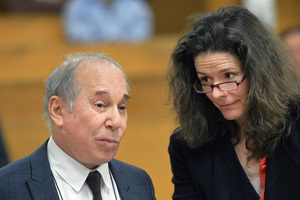 Singer Paul Simon, left, and his wife Edie Brickell appearing at a hearing in Norwalk Superior Court on Monday. Photo / AP