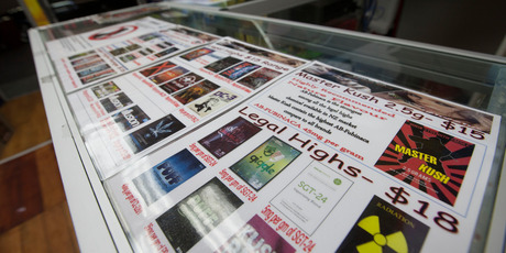 Legal High products advertised for sale at Shasha on K road, in Auckland. Photo / Chris Loufte