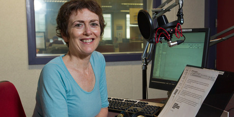 Radio New Zealand Checkpoint presenter Mary Wilson in their Wellington studio. Photo / Mark Mitchell