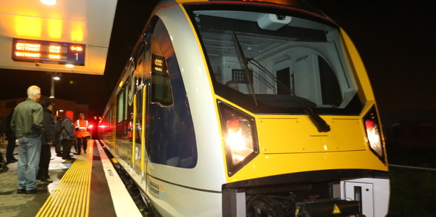 All aboard for a slightly delayed journey on one of Auckland's new electric trains. Photo / Greg Bowker