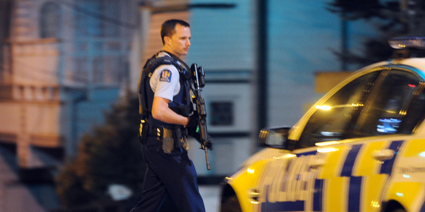 The central city around Boulcott Street and the Terrace was cordoned off by armed police after the AOS was called out to a firearms incident. Photo / SNPA / Ross Setford