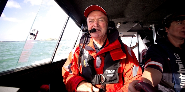 Sir Graham Henry on-board Coastguard boat Howick Rescue One on the Waitemata Harbour. Photo / Dean Purcell