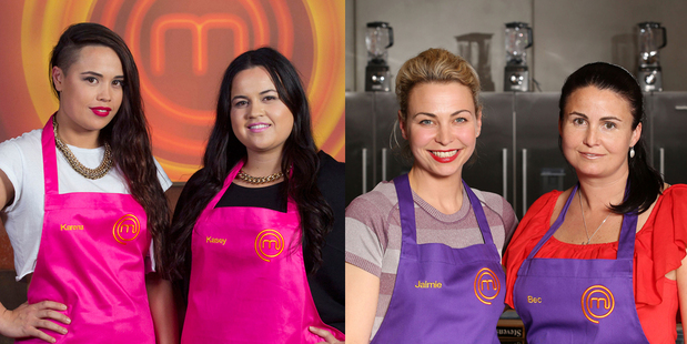 Cooking couples Karena and Kasey (left) and Jaimie and Bec make double the drama on MasterChef NZ.
