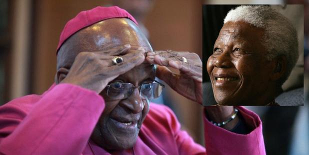 Desmond Tutu and, inset, Nelson Mandela. Photos / AFP / AP