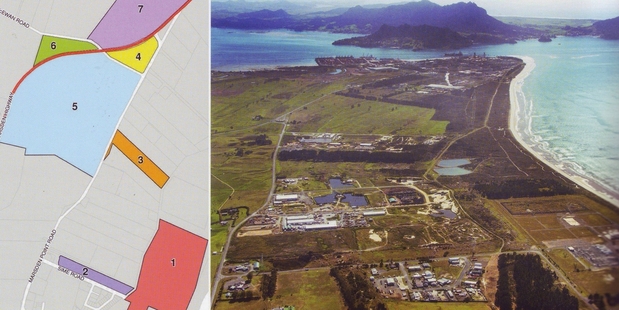 An aerial view of Marsden Pt where Mighty River Power is selling seven blocks of unwanted land, with, on the left, the blocks highlighted. Whangarei hapu Patuharakeke is opposing the sale of blocks one and two, at the bottom of the image, and wants them land banked until its Treaty of Waitangi claims over the land are heard.