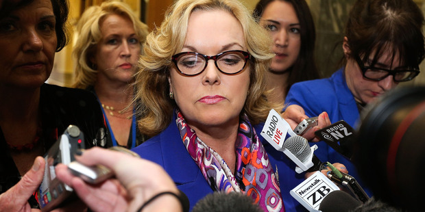 Justice Minister Judith Collins speaks to the media prior to question time at Parliament today. Photo / Getty Images