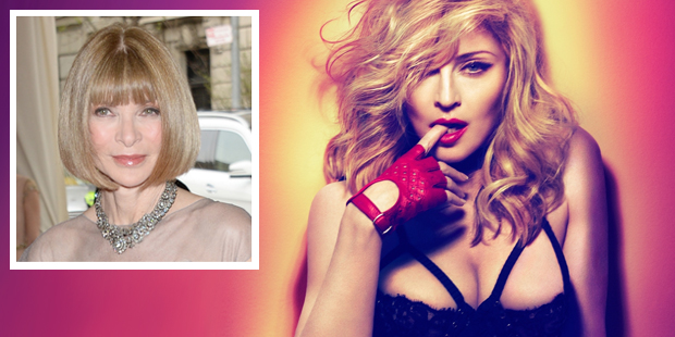 Vogue editor, Anna Wintour (left) banned Madonna (right) from wearing a racy outfit to the Met Ball. Photo / AP, Supplied