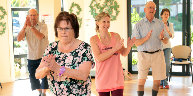 Rachel Grunwell joins an exercise class in a retirement village.