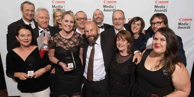 New Zealand Herald's team of award-winning photographers and journalists at the Canon Media Awards. Photo / Greg Bowker