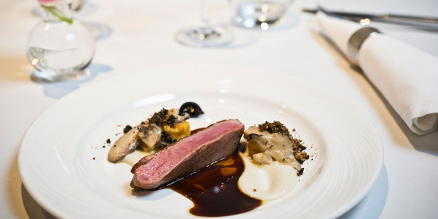 Duck Breast with black garlic and shitake mushrooms. Photo / Greg Bowker