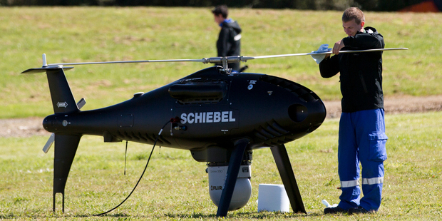 Union Pacific is exploring the use of helicopter drones similar to the ones (pictured) used by Transpower last year. Photo / NZ Herald-Greg Bowker