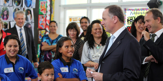 Prime Minister John Key speaks to pupils at Manaia View School about the roll out of Ultra Fast Broadband. Photo / John Stone