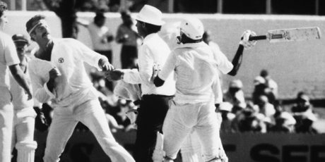 Umpire Tony Crafter had to step in to prevent Aussie bowler Dennis Lillee and batsman and master sledger Javed Miandad coming to blows during a 1981 test.