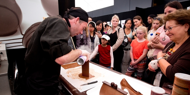 Yoann Martichon of Devonport Chocolates created a patterned purse from a block of chocolate. Photo / Dean Purcell