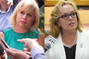 TVNZ reporter Katie Bradford (left), and Justice Minister Judith Collins. Photo / Dean Purcell / Mark Mitchell