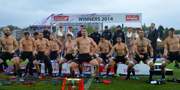 The All Blacks Sevens celebrate winning the Glasgow Sevens by performing a haka. Photo / Getty Images