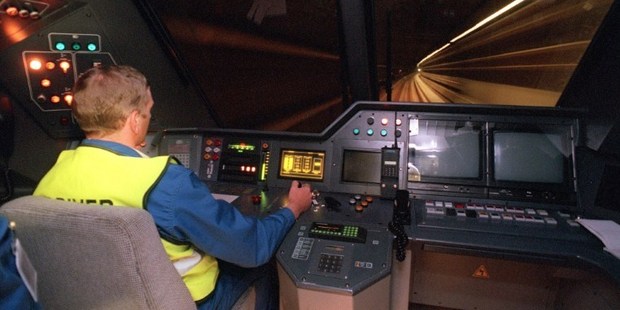 A photo from May 1994 shows a machinist driving a trans-channel shuttle during a technical trial run prior to Channel Tunnel's official opening. Photo / AFP