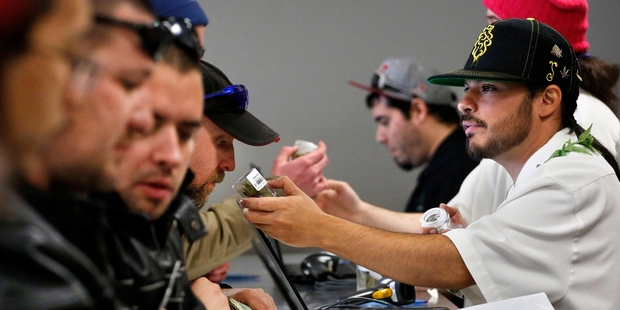 Customers check out different strains of marijuana at a retail store which opened in Colorado last week. Photo / AP