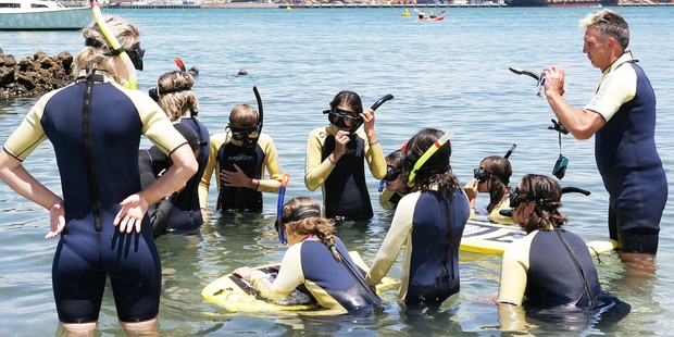 A group prepares for a snorkel at Reotahi, with volunteer instructor Justin Welsh, right. Photo/Ron Burgin