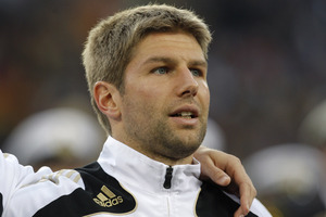 Thomas Hitzlsperger waits during the national anthem prior the 2009 World Cup Group 4 qualifying soccer match between Germany and Finland. Photo / AP