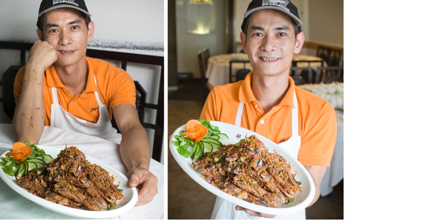 Golden Jade restaurant chef Ye Jian Hui proudly displays the duck head dish, which is often served on special occasions. Photos / Greg Bowker