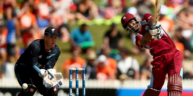 Dwayne Bravo of the West Indies bats during game five of the One Day International Series between New Zealand and the West Indies. Photo / Getty Images.