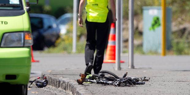 The scene of an accident where a cyclist died after colliding with a truck. Photo / Richard Robinson