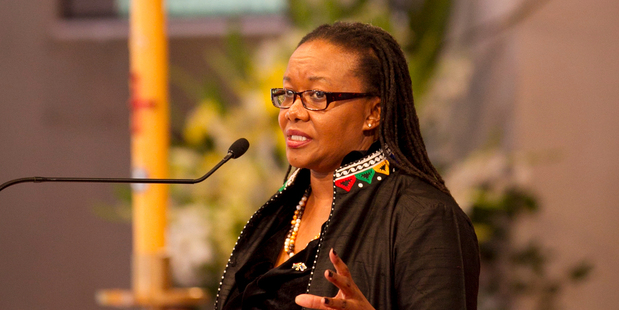 Zodwa Lallie delivers a tribute at the Nelson Mandela memorial service at Holy Trinity Cathedral in Auckland. Photo / Natalie Slade