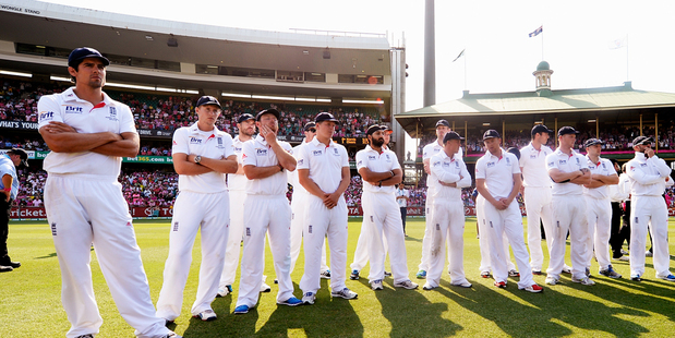 England players watch on as Australia celebrate winning the Ashes series 5-0. Photo / Getty Images