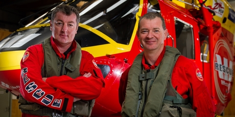 Life Flight Trust crew members Michael Hall, left, and Colin Larsen with the Westpac Rescue Helicopter.