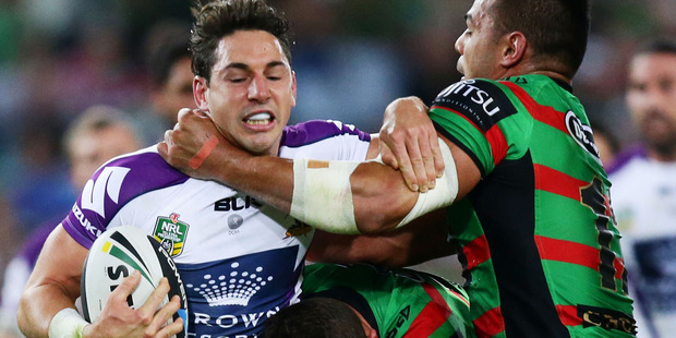Billy Slater attacks the Rabbitohs line. Photo / Getty Images.